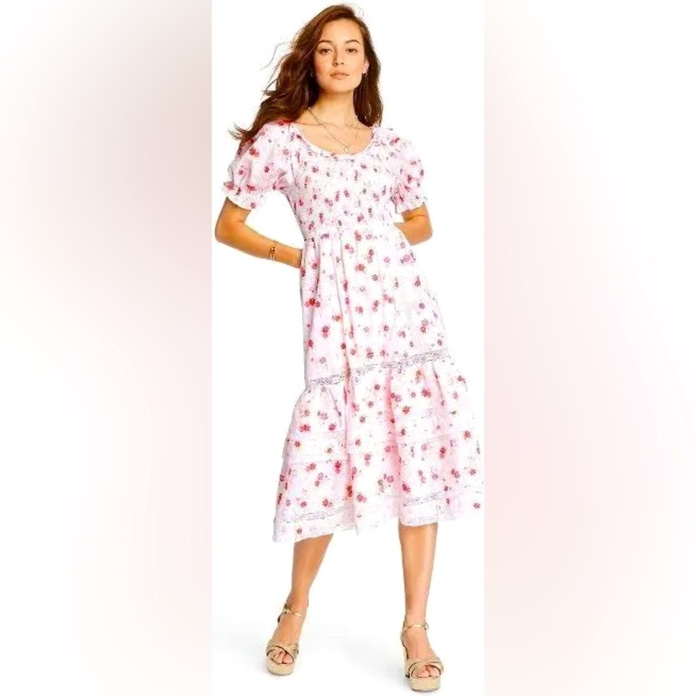 LoveShackFancy for Target Cosette Tiered Lace Trim Red Floral Midi Dress Medium